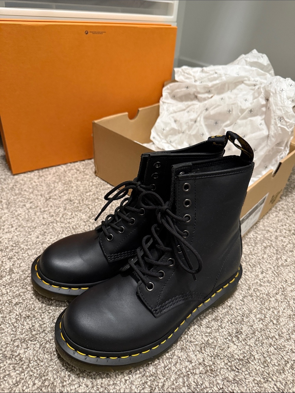 Dr. Martens Black Leather Lace-Up Boots with Yellow Stitching